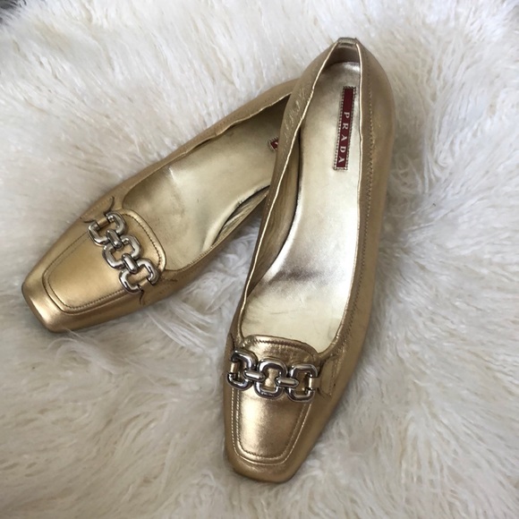 PRADA Gold Leather Flats w/ Silver Chain - Picture 3 of 11
